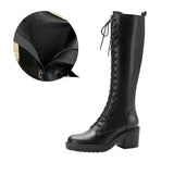 New Thicken Winter Knight Boots Women Knee High Long Square Heel Boots Retro Thick Motorcycle Boots Black White