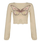 Butterfly Print Cute Flare Sleeve Crop Top T Shirt Women Ruffles Fashion Autumn Basic T-shirt Ladies Streetwear