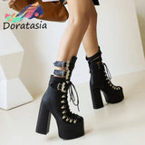 Punk Women Solid Buckle Lace Up Bat Decoration High Heel Plarform Women Boots 2021 Casual Trendy Luxury Winter