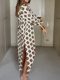 Women Office Elegant Square Neck Single Breasted Long Shirt Dress Casual Loose Dress Fashion Printed Long Sleeve Commuter