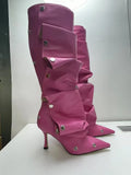 Breakj New High Heel Pointed Metal Rivet Jeans Splicing Two Wear Pile And Knee Boots Large Size Women's