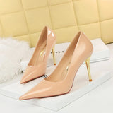 Breakj Fashion Simple Metal With Super High Heel Shallow Point Bright Patent Leather Heels Women's Single
