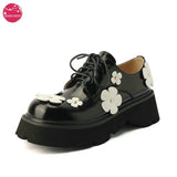 French Retro Sweet Lolita Loafers Wedges Cute Flowers Genuine Leather Lace Up Gothic JK Uniform Shoes High Heel Platform