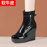 Autumn And Winter New Martin Boots Women's Leather Thick-Soled Waterproof Table High Heel Slope Show Thin Short Boots Women's Short