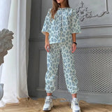 Spring Summer New Women O Neck Print Fashion Casual Set Elegant Mid Sleeves Long Pants Loose Pullover Soft Streetwear
