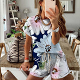 Women Tie Dye Set Short Sleeve Top Shirt Loose And Biker Shorts Casual Two Piece Sets Female Homewear Outfits