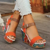 Breakj New Leisure Slope And Embroidery High Heel Sandals Women Buckle With Toe Thick-Soled Women's