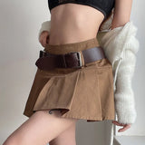 Casual Brown Pleated Mini Skirt Ladies High Waisted Short Skirts Womens with Belt Korean Fashion 90s Summer