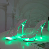 Breakj 34-43 Sexy Super High Heels Luminous Thin Heel Waterproof Platform Sandal Transparent Model Crystal Shoes Wedding
