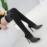 2024 Popular Style Over-The-Knee Boots Pointed Thin-Heeled Women's Diamond Elastic Socks Boots Large Size Women's