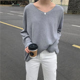 autumn v-neck oversize loose thin sweater women knit top casual pullovers Long Sleeve big size female Cashmere