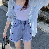 Shorts Women Summer Wide Leg High Waist Cute Heart Lady Short Jeans Pants A-line Blue Black Casual Woman Denim