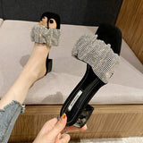 Breakj Temperament Famous Woman Summer Slippers French Small Heel Low Heel 3 Cm Black Water Drill Fashion Wearing