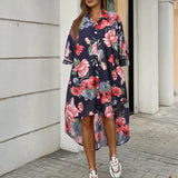 Women Turn-down Collar Flower Print Casual Shirt Dress Fashion Summer Half Sleeves Buttons Cardigan Irregular Elegant