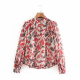 Flower Printing Chiffon Smock Puff Sleeve Shirts Female Stand Collar Blouses Casual Lady Loose Tops Blusas