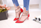 Women's Shoes 2019 Summer Pointed High-heeled Stiletto Patent Leather Rivet Single Shoes Was Thin Buckle Women's