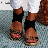Wedges Sandal Leopard Cross Tie Snakeskin Ladies Open Toe Zipper Female Beach Soft Shoes Hemp Bottom Summer New Plus