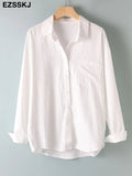 New Pockets Casual Loose Cotton Blouse Shirt White Blouse Female Spring Summer Women Large Size