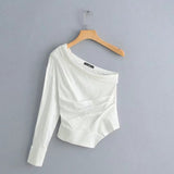 Women Pleated Shirt Casual White Long Sleeve Blouse Summer Style Skew Collar Chic Tops Streetwear Chemise