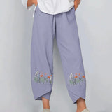 New Floral Print Cotton Linen Pants Fall Summer Loose Irregular Elastic Waist Wide Leg Pant Casual Elegant Pocket