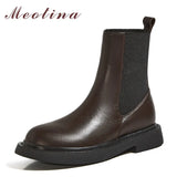 Genuine Leather Chelsea Boots Woman Med Heel Ankle Boots Platform Block Heel Short Boots Female Shoes Autumn Winter