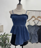 Real Shoot Hottie Vintage Cowboy Sling Vest Irregular Wood Ear Short-Term Waist Sleeveless Top