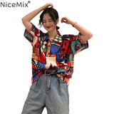 fashion Harajuku Women's Clothing summer style Blouses oversize print Graffiti woman shirts vintage bf tops