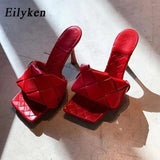 Summer New Design Weave Square Toe Heels High Quality PU Leather Slippers Gladiator Beach Womens Sandal Slides