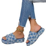 Women's Shoes Summer New Slope Heels Thick-Soled Beggars Large Size Women In Denim Slippers Outside The