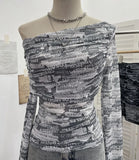 Vintage Tie-Dye-Print Mesh Folded Long-Sleeved T-Shirt With A Word-Collar Slanted Shoulder-To-Back Short Top
