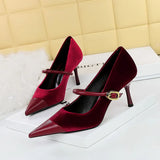 Breakj Banquet High Heels Fine Heel Shallow Pointed Top Xishi Suede Stitching Pointed Metal Buckle One Word Strip Single