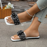 Breakj Plus Size Rhinestone Beach Slippers Female Bow String Beads Decoration Sequined Flat