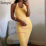 Casual Women Knitted Sweat Summer Beach 2021 Halter Midi Bodycon Dress Fashion Wrap Party Club Yellow Print