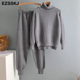 2 Pieces Set Women Knitted Tracksuit Turtleneck Sweater + Carrot Jogging Pants Pullover Sweater Set CHIC Knitted