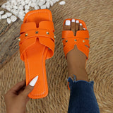 Breakj Asian Women Solid Color Large-Size Rivet Slippers Casual Side Toe Flat Summer Light Beach