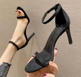 Stilleto High Heels Woman 6/8/9CM Pumps Flock&Nude Leather Sandales Femmes Ankle Strap Wedges Shoes Narrow Band