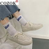 2021 New spring tenis feminino lace-up white shoes woman PU Leather solid color female shoes casual women sneakers