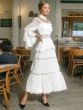 French Classical Wind Waist Thin Collar Dress 2025 New Splicing Lotus Edge Mesh Yarn Long Dress