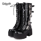 Bat Decoration Gothic Boots Women Patent Leather Mid Calf Boots For Women Belt Buckle Combat Motorcycle Boots