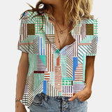 Women Elegant Office Simple Turn-down Collar Cartoon Print Casual Shirt Fashion Summer Short Sleeves Button Cardigan