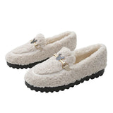 Winter White Wool Shoes Ladies Luxury Buckle Flats Women Plush Sheep Fur Loafers Thicken Fuzzy Moccasins Femme Cotton