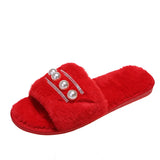 Hairy Slippers Pearl Fashion Flat Slippers Women's Home Leisure Anti-Rabbit Cotton Slippers Big