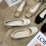 Tie Shallow Mouth Single Shoes Women's Thick Heels 2024 Spring And Autumn New Style Square Head Middle Heel Grandma Shoes High Heel Work