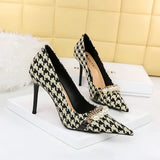 Breakj Thousand Bird Case High Heels Slender High Heels Shallow Pointed Pearl Chain Plaid Women's Single