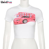 Puss Y2K Summer Skinny Women Graphic T Shirts Navel Trend Print O-Neck Stretchy Short Sleeve Crop Top Streetwear Slim