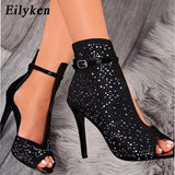 2022 New Women Crystal Sandals Ankle Straps Buckle Transparent Cover Heel Pumps Ladies Sandals Party Shoes size