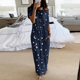 Summer New Fashion Striped Strapless Dress Loose Round Neck Short Sleeve Long Dress Casual Elegant Moon Star Printing