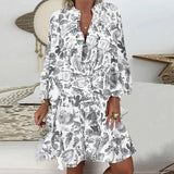Fashion New V Neck Print Ruffle Dresses Casual Button Pacthwork Loose Mid Dresses Elegant Streetwear Party Female