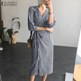 Vintage Check Dress Women's Summer Sundress ZANZEA 2022 Casual V Neck Robe Female Short Sleeve Mid-Calf