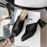 Breakj Half Slippers Women Wear 2025 Autumn New Retro Soft Leather Thick Heel Drag Height